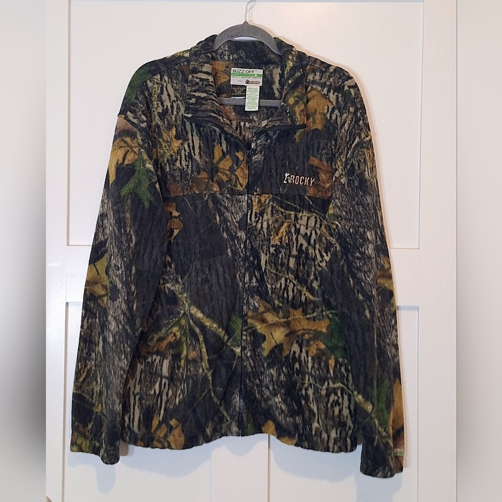 Vintage Rocky Buzz Off Camo Full Zip Mock Neck Fleece Jacket Sz Large W/Stretch